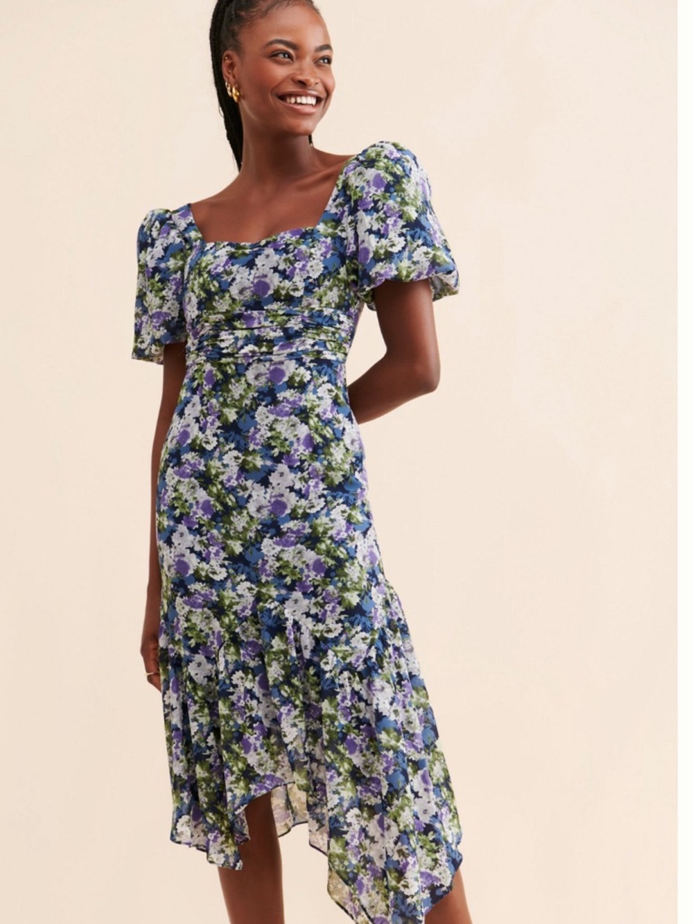 ASTR the Label Asymmetrical Floral Midi Hi-Low Dress Blue Purple Orange Green S